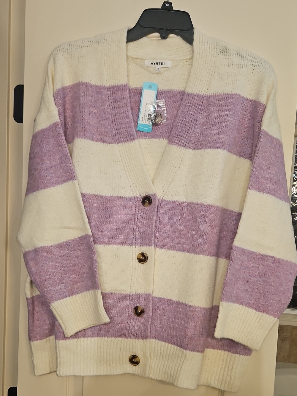 Cream & Lavender Stripe Button-Front Women's Cardigan Sweater